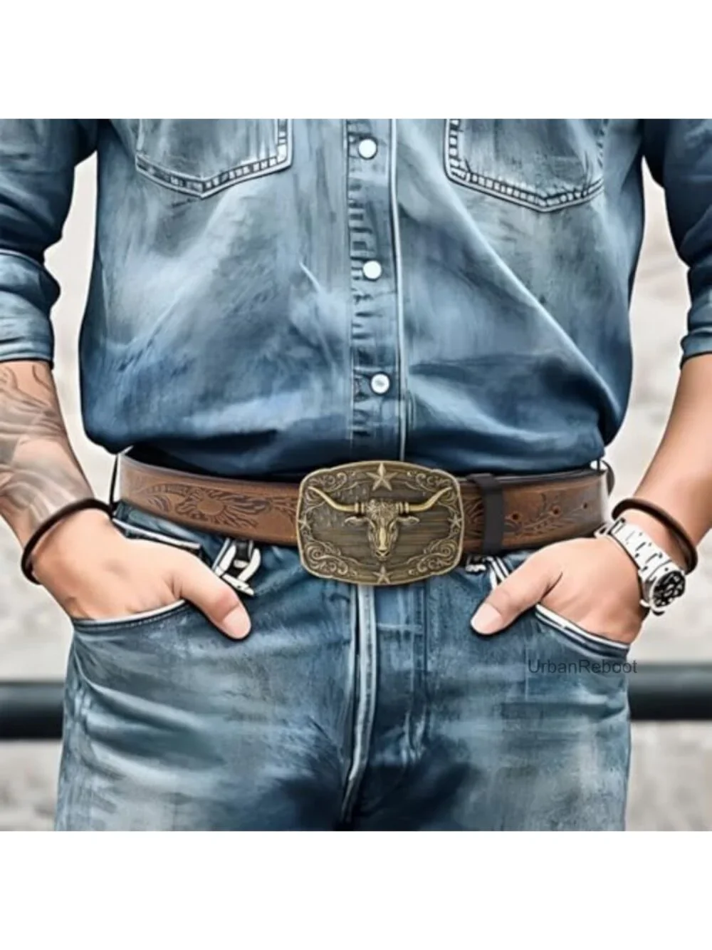 Western Leather Belt with Engraved Buckle for Men